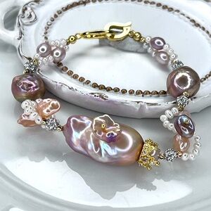 Handmade High Quality Huge Freshwater Flameball Keshi Edison Pearl Bracelet